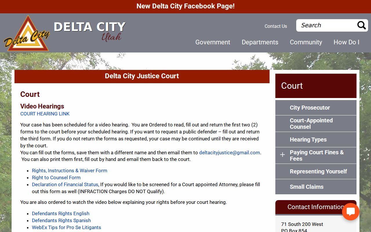 Delta criminal records and justice court schedule page