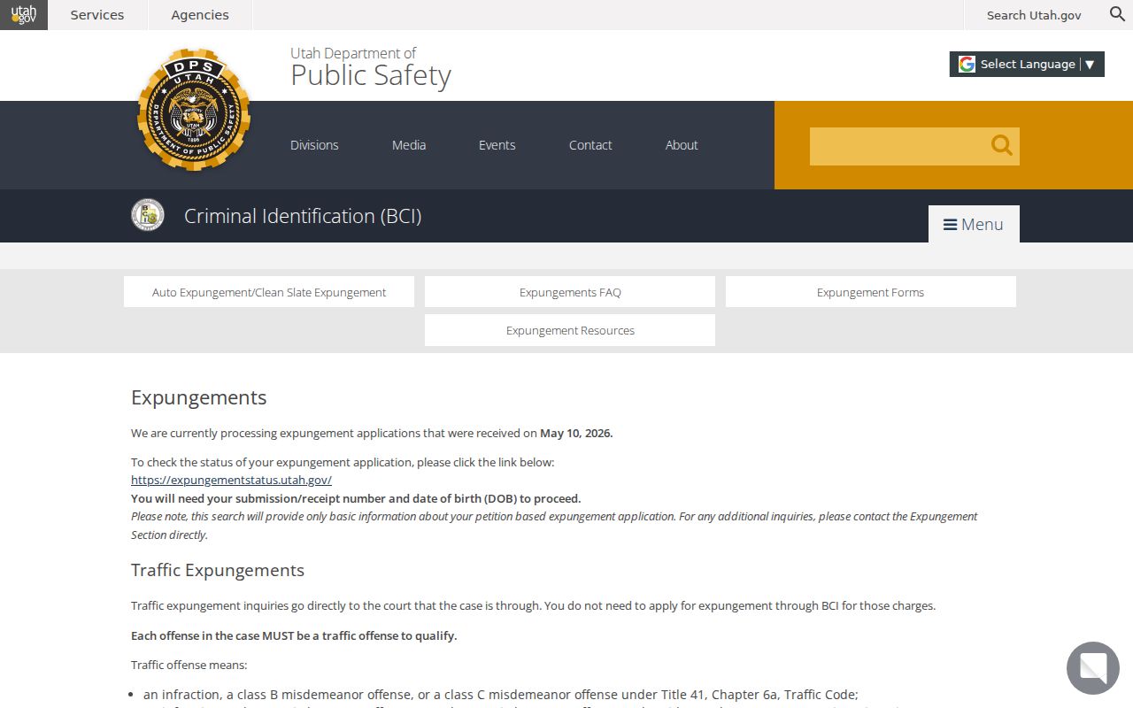 Millard County criminal court case BCI expungement channel
