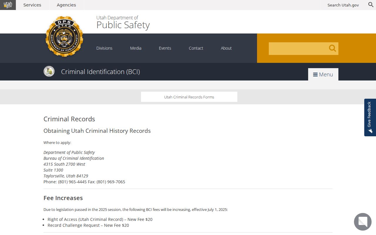 Official BCI Millard County criminal history self-review options
