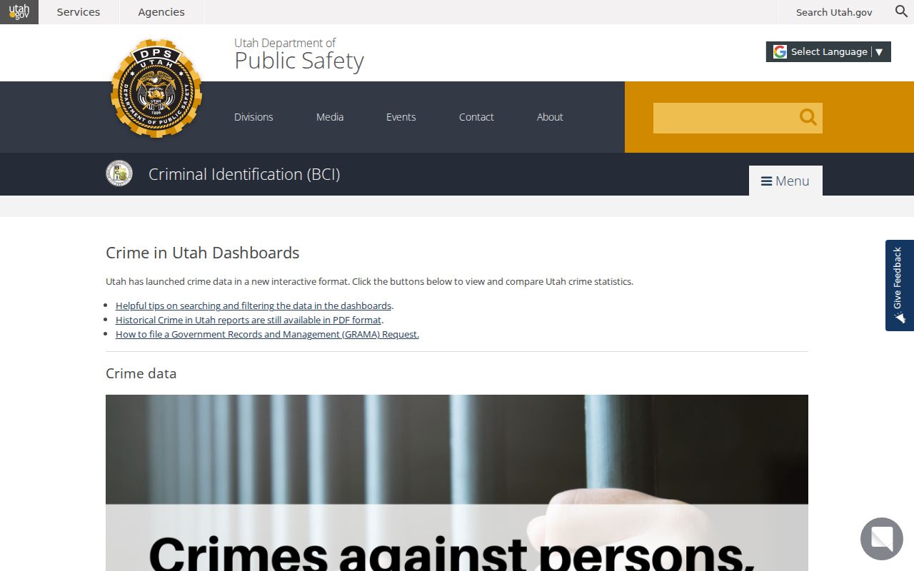 BCI crime dashboard context for Millard County criminal records