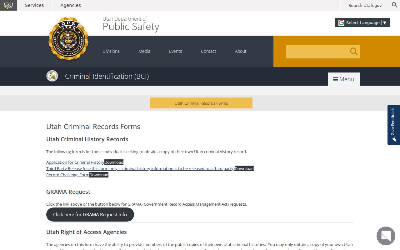 BCI forms for Millard County criminal history and record challenges